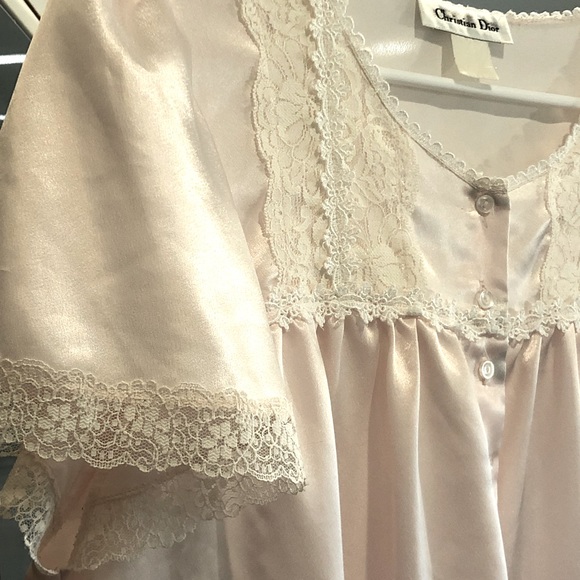 Vintage Dior Nightgown Pink Lace Cap Sleeves Round Neck Long Length Silky 48” - Picture 14 of 14